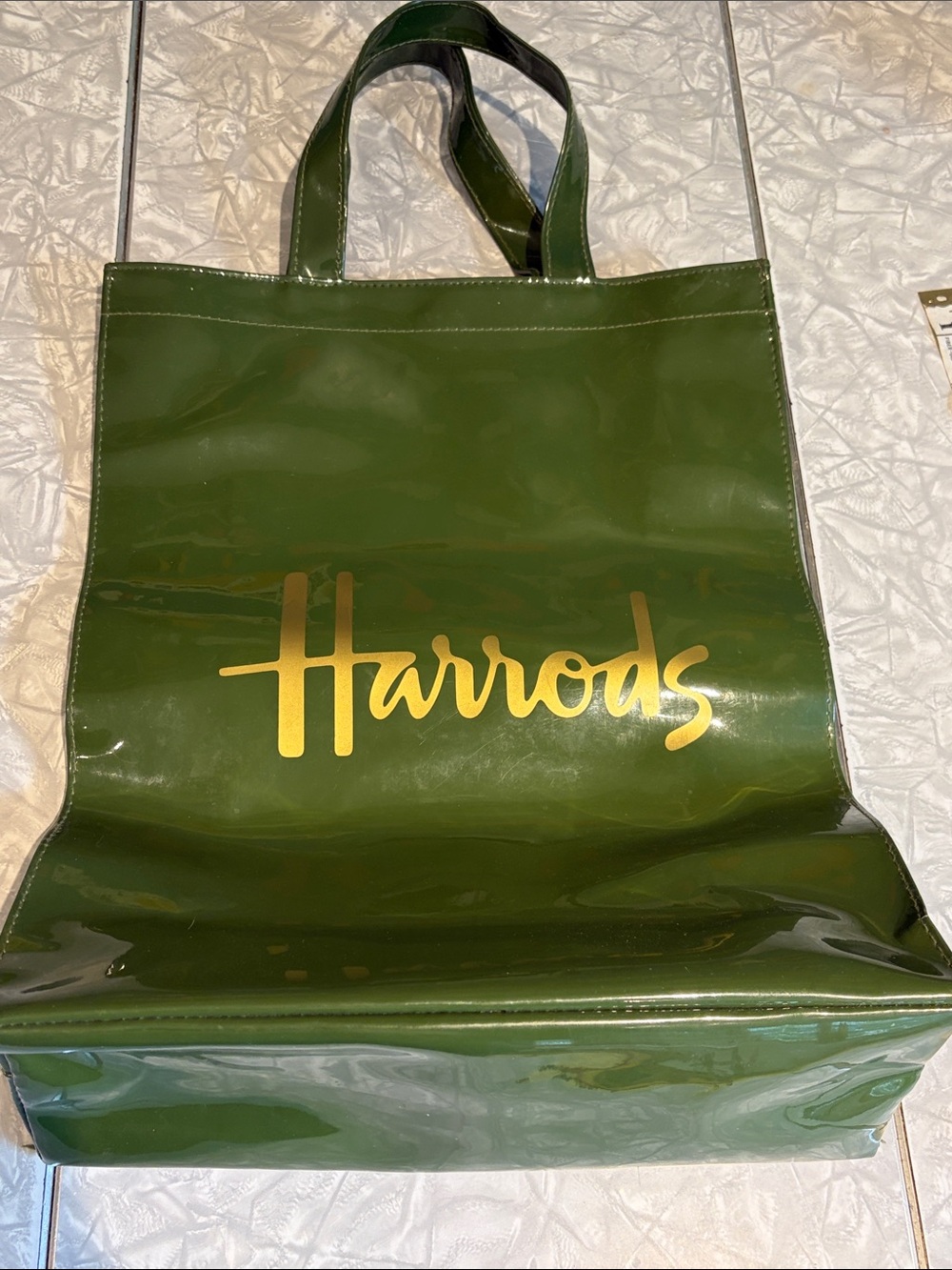 Harrods Tote Bag Large Green Vinyl London Shopper Shoulder Handbag